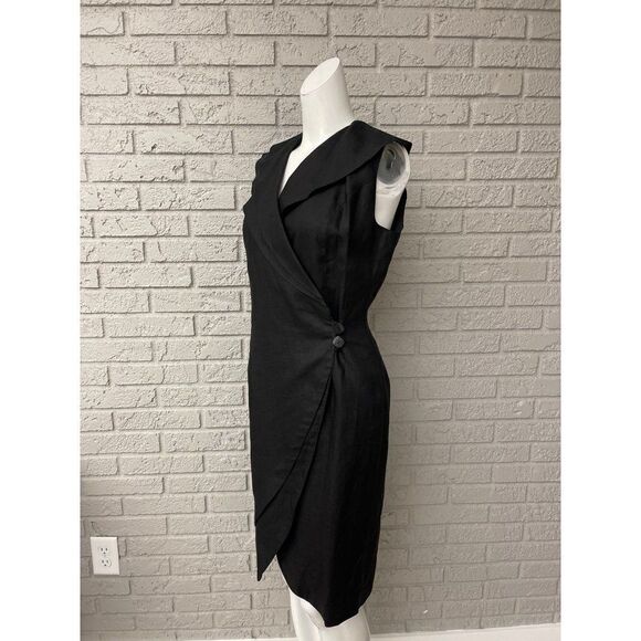 Roger Edwards Black Linen Wrap Dress with Asymmetrical Collar Size 4 - Picture 2 of 12